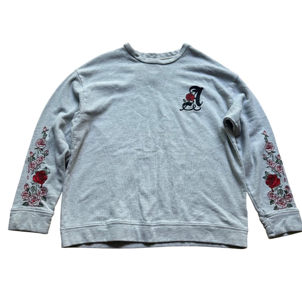 Adaptation Post LA Size L Gray Red Rose Floral Embroidered Crewneck Sweatshirt